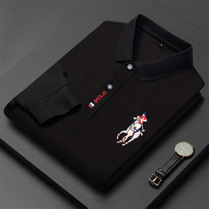 スポーツウェア専門店 高級感漂う馬刺繍入り長袖ポロシャツ